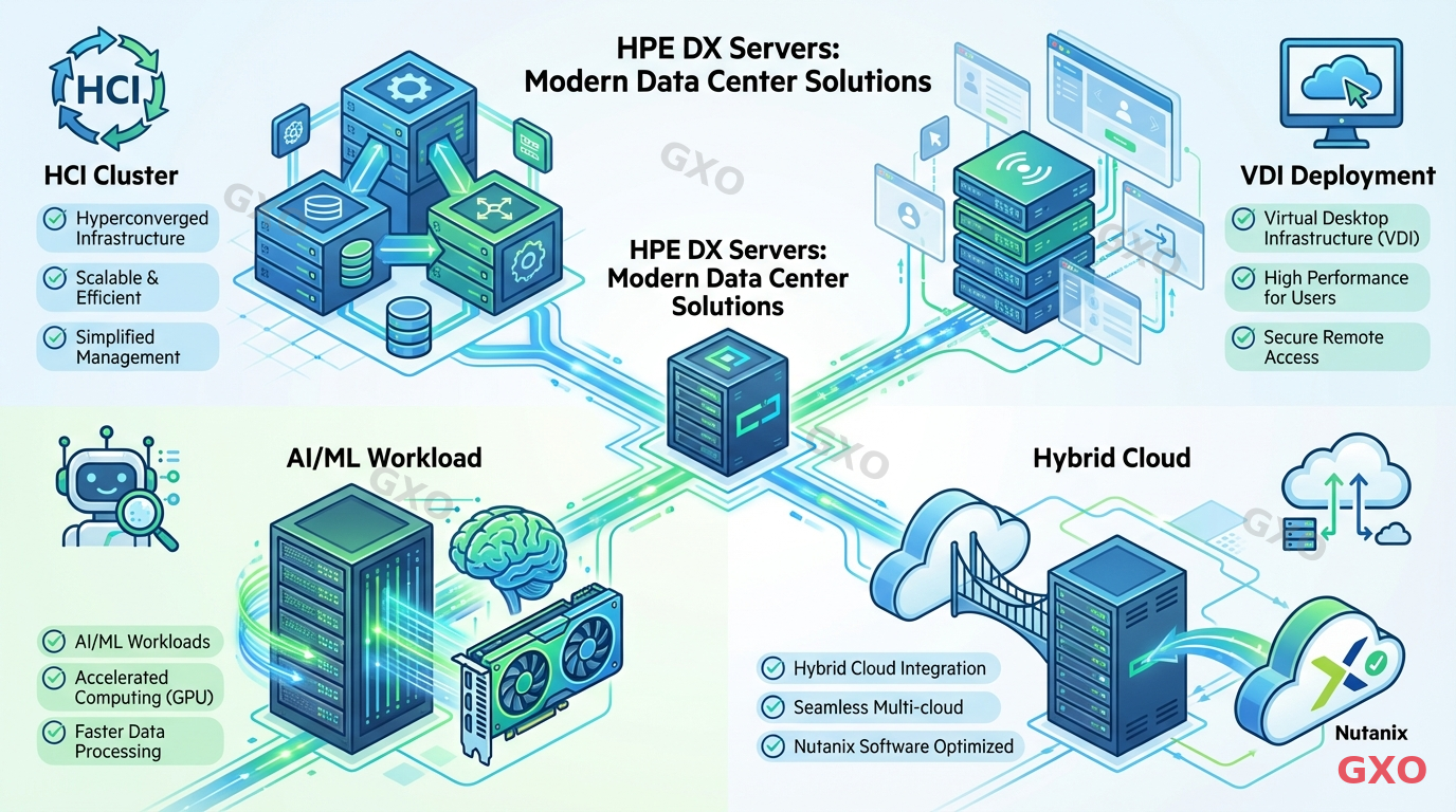 DXが最適な4つの活用シナリオ Clean modern illustration showing four use case scenarios for HPE DX servers. Quadrant layout: top-left shows HCI cluster icon, top-right shows VDI virtual desktop deployment, bottom-left shows AI/ML workload with GPU icon, bottom-right shows hybrid cloud with Nutanix logo. Each quadrant has 2-3 bullet point callouts. Bright blue and green technology theme.