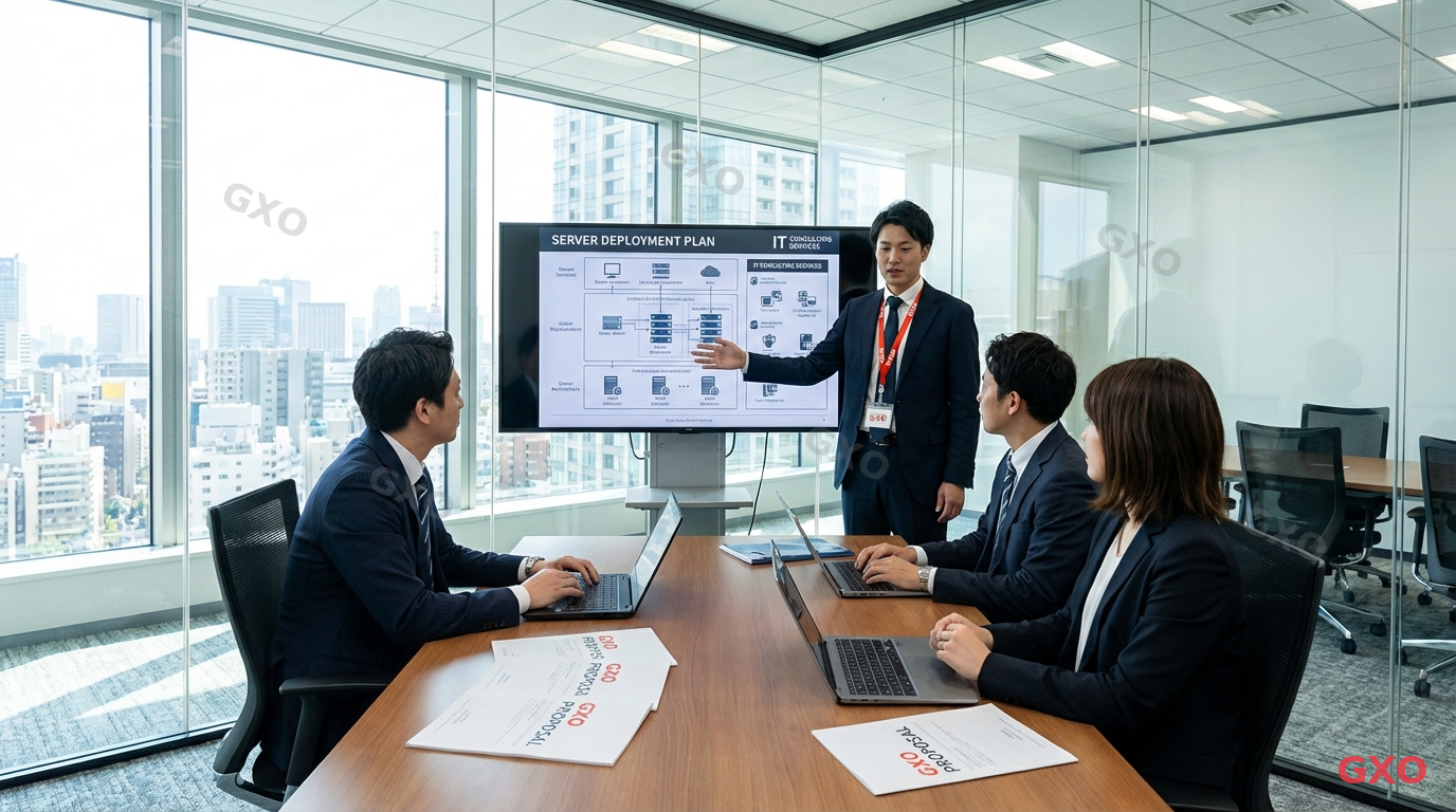 GXOのHPE ProLiant導入支援の様子 Photo-realistic image of a professional Japanese consulting meeting. A GXO consultant (male, 40s, wearing a dark business suit) presenting server architecture diagrams on a large screen to three client representatives (mixed gender, 30s-50s) in a modern Tokyo meeting room. Table has printed proposal documents and laptops. Bright natural lighting, collaborative business atmosphere. Highlighting expert IT consulting and server deployment planning.