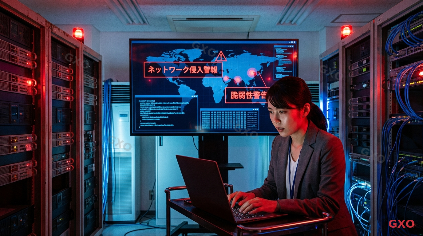 老朽化サーバーのセキュリティ脅威 Photo-realistic image of a dark server room with red warning lights and a cybersecurity threat visualization on a large monitor screen, showing network intrusion alerts and vulnerability warnings. A Japanese IT security professional (female, early 30s, wearing smart casual) urgently typing on a laptop. Dramatic red and blue lighting creating a tense atmosphere, emphasizing the urgency of cybersecurity threats on aging servers.