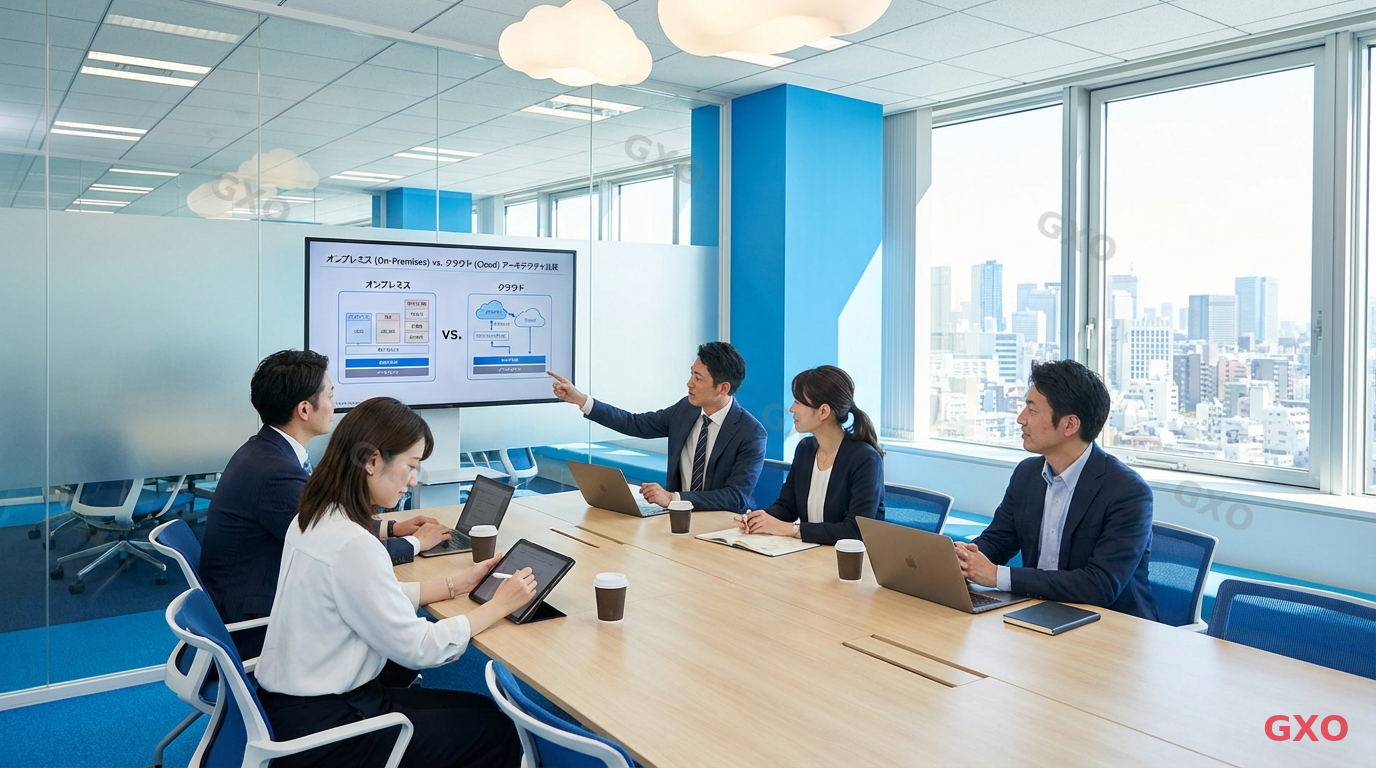 クラウド移行を検討する企業の会議風景 Photo-realistic image of a modern Japanese office meeting room where a team is discussing cloud migration strategy. A presentation screen shows a comparison between on-premises and cloud architecture diagrams. Japanese business professionals (mixed gender, ages 30-50) engaged in discussion, some taking notes on tablets. Bright modern office with glass walls, collaborative atmosphere, blue and white color scheme suggesting cloud and digital transformation.