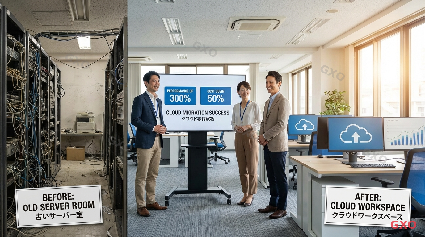 老朽化対応の成功事例イメージ Photo-realistic image of a bright modern Japanese office environment showing a before-and-after concept: left side shows an old cluttered server room, right side shows a clean modern cloud-connected workspace. Japanese business team (3 people, mixed gender, ages 35-45) in the center looking at a presentation showing improvement metrics. Optimistic and professional atmosphere with warm natural lighting.