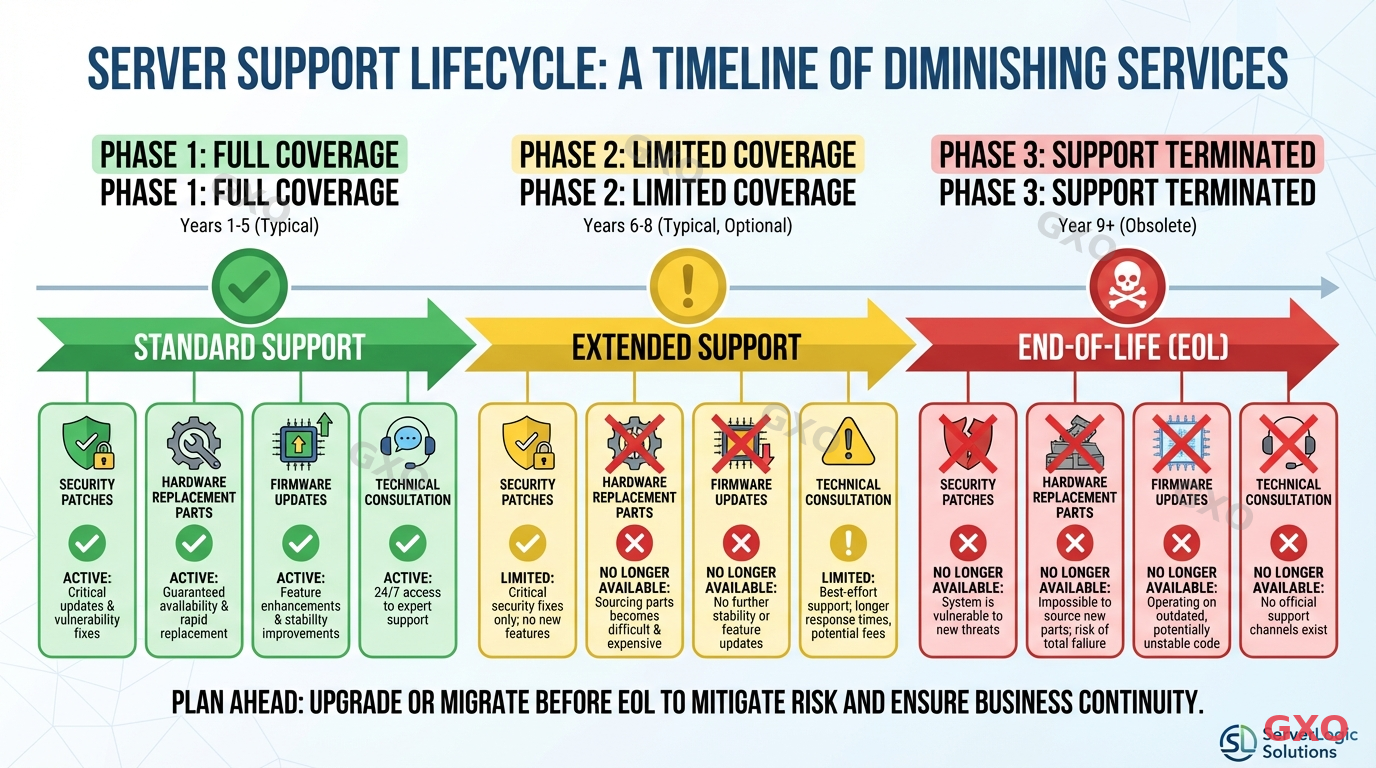 サーバー保守サポートの段階的終了 Professional infographic showing a server support lifecycle timeline with three phases: standard support (green), extended support (yellow), and end-of-life (red). Icons showing what is lost at each phase: security patches, hardware replacement parts, firmware updates, technical consultation. Clean corporate infographic style with clear visual hierarchy.
