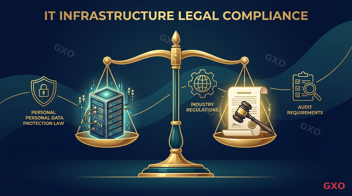 法令遵守とITインフラの関係 Professional illustration of legal compliance concept for IT infrastructure, showing a balance scale with a server rack on one side and a legal document/gavel on the other. Background includes icons representing personal data protection law, industry regulations, and audit requirements. Formal navy blue and gold color scheme, professional legal-business hybrid style.