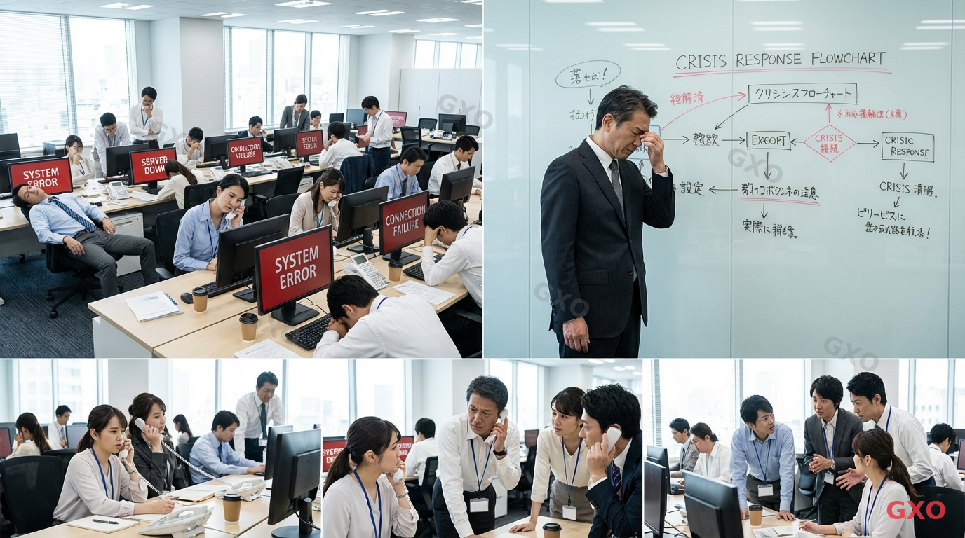 システム障害による業務停止の様子 Photo-realistic image of a Japanese office environment where employees look frustrated at their computer screens showing error messages. A middle-aged Japanese manager (male, 50s, dark suit) standing near a whiteboard with a crisis response flowchart. Some employees on phones, others discussing urgently. Modern open-plan office with natural lighting, tense atmosphere conveying business disruption caused by server failure.