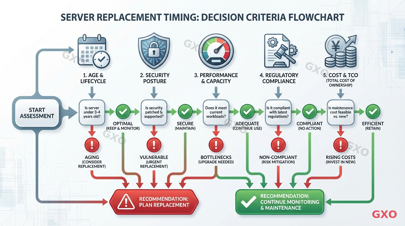 サーバー更改タイミングの5つの判断基準 Clean modern illustration showing five decision criteria for server replacement timing, displayed as a decision tree or flowchart. Each criterion represented by a distinct icon: calendar (age), shield (security), gauge (performance), document (compliance), yen symbol (cost). Professional decision-support visual with green checkmarks and red warning indicators.