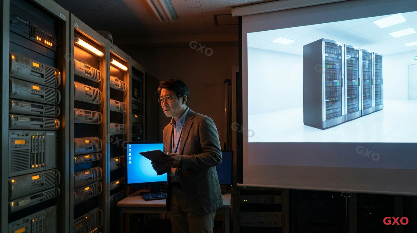老朽化したサーバールームとIT担当者 Photo-realistic image of an aging server room in a Japanese mid-size company, showing older rack-mounted servers with blinking amber warning lights in a dimly lit room. A Japanese IT manager (male, late 40s, wearing business casual) looking concerned while examining server status on a monitoring screen. Contrast between old dusty servers on the left and a modern clean setup concept on the right side. Cool blue and warm amber tones, dramatic lighting emphasizing the urgency of server replacement.