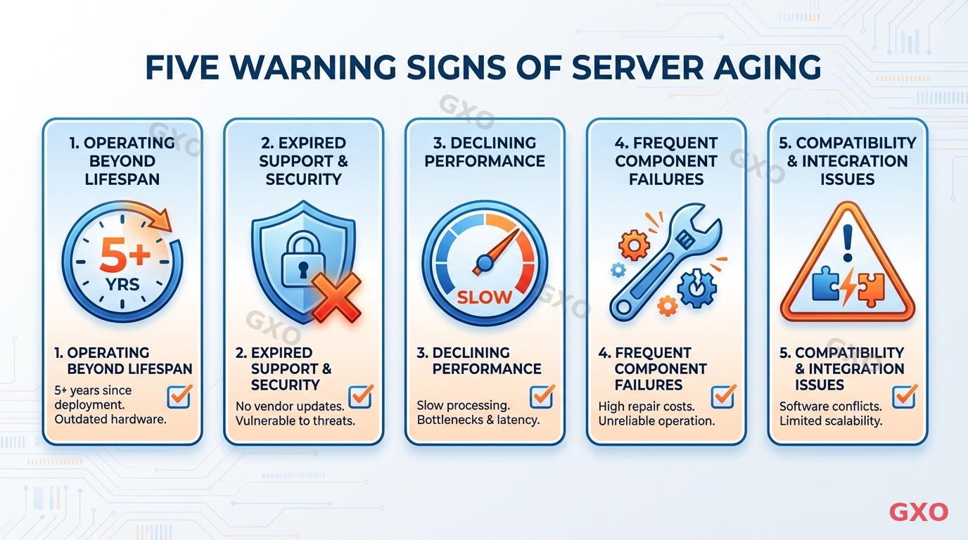 サーバー老朽化の5つの警告サイン Clean modern illustration showing five warning signs of server aging as an icon-based checklist: 1) clock icon with 5+ years, 2) shield icon with red X for expired support, 3) speedometer showing slow performance, 4) wrench icon for frequent repairs, 5) warning triangle for compatibility issues. Each icon with brief text label, arranged in a vertical card layout. Professional blue and orange color scheme.